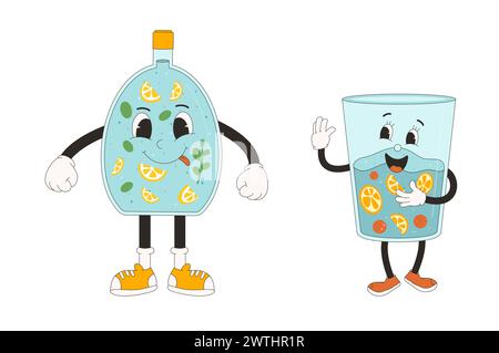 Retro cartoon characters of bottle and glass of citrus water with fruits. Drink rubber hose animation style groovy mascots. Drink more water. Wellness Stock Vector