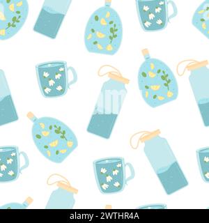 Water drinks seamless pattern. Glasses and cups, sport bottles and rugs with clean aroma beverage endless background. Aqua drink with ice, fruit and w Stock Vector