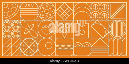 Wheat and bakery bread in abstract modern line geometric pattern, vector background. Bakery mosaic tile or linear pattern of pastry cake, bread, pizza and bun with flour or cookie biscuits and waffle Stock Vector