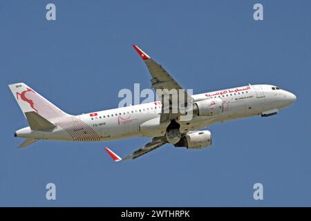 Germany, Bavaria, Munich:  TS-IMW  Airbus A320-214  (c/n 6338)  of Tunisair  at Munich's Franz Josef Strauss airport. Stock Photo