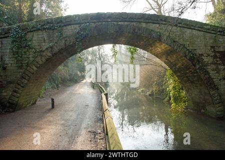 A hump back Victorian bridge is bathed in golden light from an early morning sunrise while the background shows the river's lingering mist picking out Stock Photo