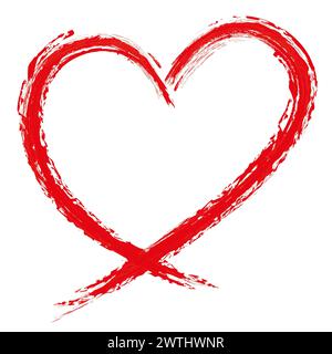 Grunge red love heart made of rough strokes isolated over white background for Valentines Day, wedding or other purpose. Hand drawing. Stock Photo