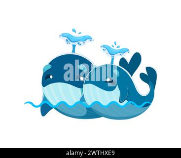 Cartoon cute kawaii whale characters. Isolated vector two adorable sperm whale cachalots, their round eyes shimmering with joy, sweet couple, swimming through a sea of happiness together Stock Vector