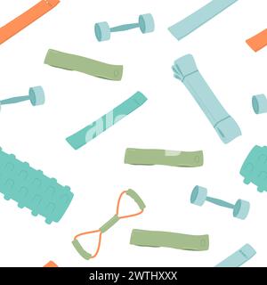 Fitness home workout equipment seamless pattern. foam sport roller and resistant band. Vector flat illustration. Stock Vector