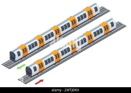 Isometric Subway underground train. High quality city transport. People Passangers In Subway. Commuting passengers. Subway train collection. Vehicles Stock Vector
