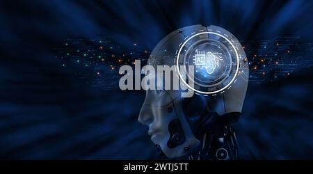 Artificial intelligence concept. A robot with a head that has a computer chip on it. The robot is surrounded by a blue background. Digital technology. Stock Photo