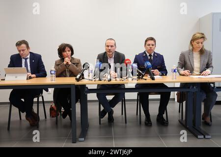 L-R, Minister of Justice Paul Van Tigchelt, Mons general prosecutor Ingrid Godart, Charleroi's King prosecutor Vincent Fiasse, DGJ (Federal Judicial Police) Director-General Eric Snoeck and Interior Minister Annelies Verlinden pictured during a press conference of prosecutor's office on the police operation earlier today in Lodelinsart, Charleroi, Monday 18 March 2024. A house searching escalated early Monday morning, when the resident started to shoot at police officers. One member of the Special Police Force has died and several have been injured. The attacker has allegedly been neutralised. Stock Photo