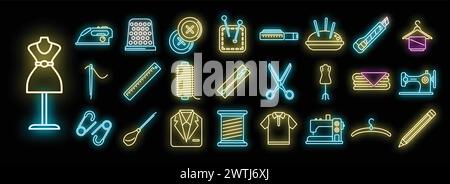 Clothing repair icons set outline vector. Cloth making. Handmade manufacture neon color isolated Stock Vector