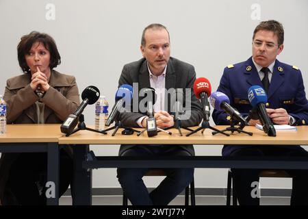 Mons general prosecutor Ingrid Godart, Charleroi's King prosecutor Vincent Fiasse and DGJ (Federal Judicial Police) Director-General Eric Snoeck pictured during a press conference of prosecutor's office on the police operation earlier today in Lodelinsart, Charleroi, Monday 18 March 2024. A house searching escalated early Monday morning, when the resident started to shoot at police officers. One member of the Special Police Force has died and several have been injured. The attacker has allegedly been neutralised. BELGA PHOTO VIRGINIE LEFOUR Stock Photo