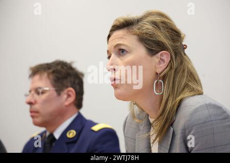 Charleroi, Belgium. 18th Mar, 2024. DGJ (Federal Judicial Police) Director-General Eric Snoeck and Interior Minister Annelies Verlinden pictured during a press conference of prosecutor's office on the police operation earlier today in Lodelinsart, Charleroi, Monday 18 March 2024. A house searching escalated early Monday morning, when the resident started to shoot at police officers. One member of the Special Police Force has died and several have been injured. The attacker has allegedly been neutralised. BELGA PHOTO VIRGINIE LEFOUR Credit: Belga News Agency/Alamy Live News Stock Photo