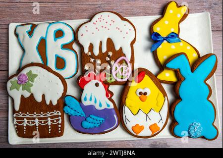 Easter gingerbread cookie on  wooden table. Cookies for Easter Stock Photo