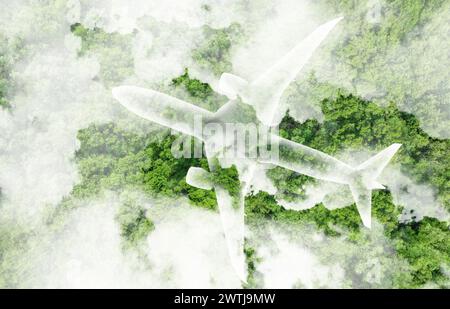 Sustainable aviation fuel concept. Net zero emissions flight. Sustainability transportation. Eco-friendly aviation fuel. Air travel. Future of flight Stock Photo