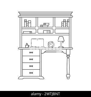 Linear concept of home furniture icons. Outline of a book table. Workplace vector. Computer desk nightstand vector. A lamp on a bedside table. Stock Vector