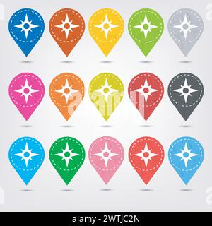 Colorful Stitched Location Mapping Pins Icon Sets, Vector Illustration Stock Vector