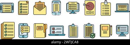 Assignment icons set outline vector. Fast exam. Business agenda thin line color flat isolated Stock Vector