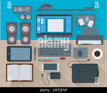 Modern Concept Creative Workspace Office Computer Flat Design, Vector Illustration Stock Vector