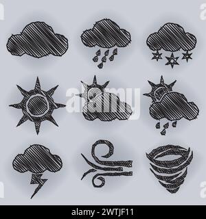 Weather Icon Pen Shading Effect Sets, Vector Illustration Stock Vector