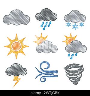 Weather Icon Pen Shading Effect Sets, Vector Illustration Stock Vector