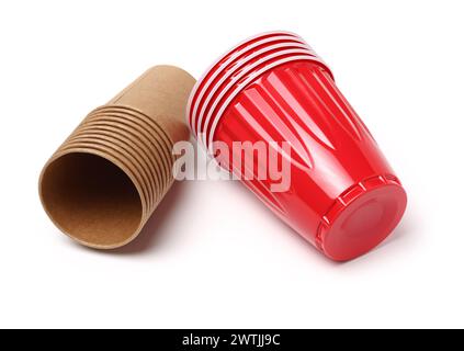 Red Plastic Cup and brown paper parchment coffee cups isolated on white background Stock Photo