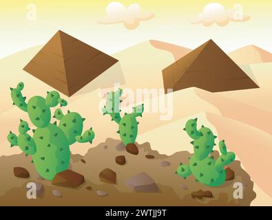 Cactus on Top of A Hill, with Two Pyramids in Sand Desert, Vector Illustration Stock Vector