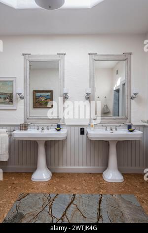Pair of pedestal basins in luxury hotel in Ardfin on the Isle of Jura, Inner Hebrides, Scotland, UK Stock Photo