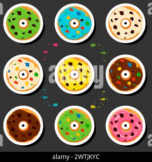 Illustration on theme big set different types sticky donuts, sweet doughnuts various size, donut pattern consisting of collection organic doughnuts fr Stock Vector