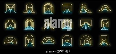 Tunnel icons set outline vector. Rail track. Metro arch neon color isolated Stock Vector