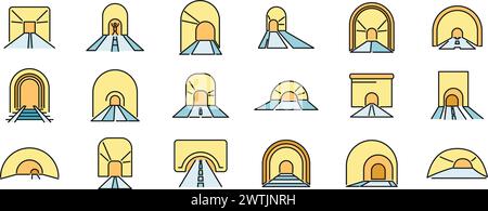 Tunnel icons set outline vector. Rail track. Metro arch thin line color flat isolated Stock Vector