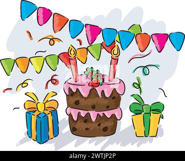 Birthday Party Hand Drawing Kids, Vector Illustration Stock Vector