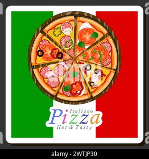 Illustration on theme big hot tasty pizza to pizzeria menu, Italian pizza consisting of various ingredients such as crispy baked dough, red tomato, Ge Stock Vector