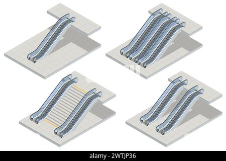 Isometric single, double and triple excalator realistic isolated on white background. Lifting escalator. An escalator vertical transportation in the Stock Vector