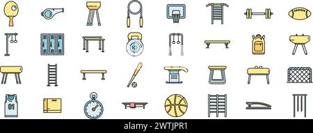 School gym icons set outline vector. Club equipment. Room bag thin line color flat isolated Stock Vector