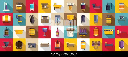 Wine production icons set flat vector. Winery agriculture. Industry process Stock Vector