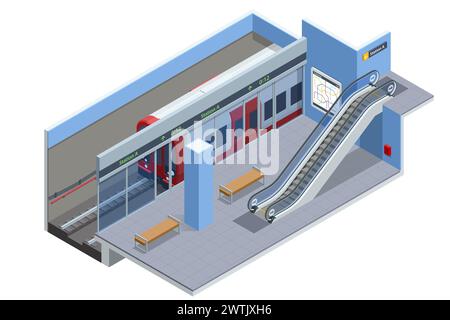 Isometric subway station platform. High speed train. Included underground train, station and route cross section, and bridge. Subway station, railway Stock Vector