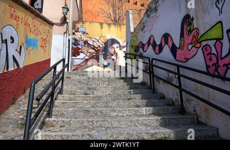 Vibrant street murals decorate a flight of steps in the neighbourhood of Realejo Granada, Spain, revealing a contemporary side to this historic city Stock Photo