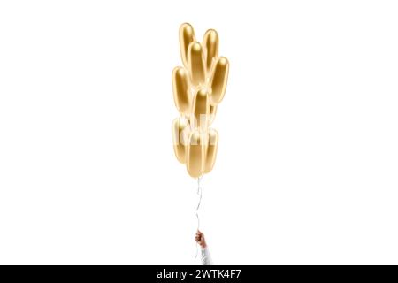 Hand holding blank gold cylindrical balloon stack mockup, isolated, 3d rendering. Empty golden balloons present bunch mock up, front view. Clear infla Stock Photo
