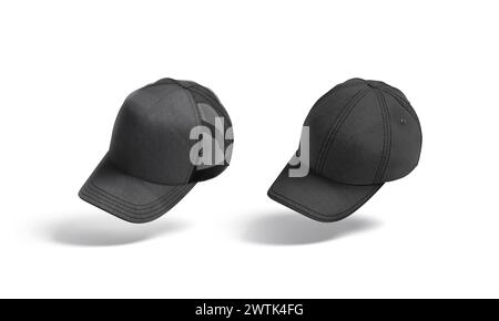 Blank black baseball and trucker hat mockup, no gravity, 3d rendering. Empty sport and driver flannel cap mock up, isolated. Clear denim or flannel he Stock Photo