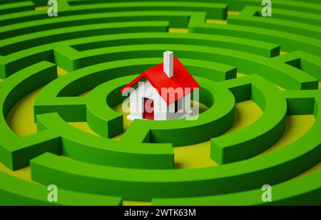 House in the middle of round maze. Concept of difficulties when having a home 3d rendering Stock Photo