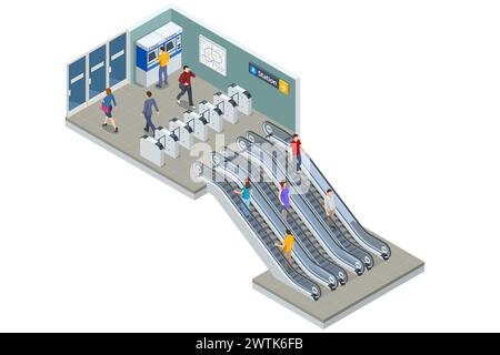 Isometric People stand on the escalator in the subway. High speed train. Included underground train, station. Subway station, railway rapid transit Stock Vector