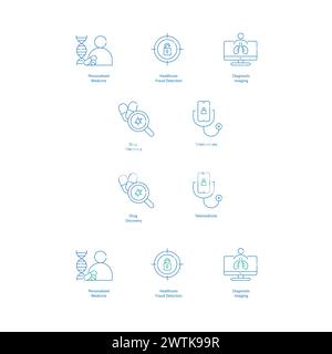 Medical AI Application Vector Icons Enhancing Patient Care and Diagnosis Stock Vector