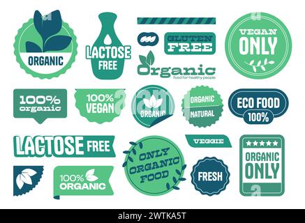 Organic food labels. Eco vegetarian, gluten and lactose free stamps with leaf, natural farm fresh product icons. Vector healthy diet ecology badges collection. Green quality emblems Stock Vector
