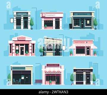 Store front. Cartoon local shop facade with window and door, small retail business exterior with showcase and awning. Vector storefront set Stock Vector