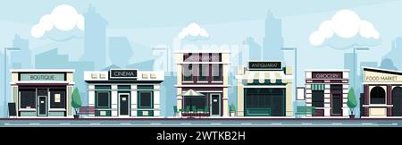 Shopping street. Cartoon city street with stores and cafe, sidewalk with trees and benches, urban landscape with storefronts. Vector illustration Stock Vector