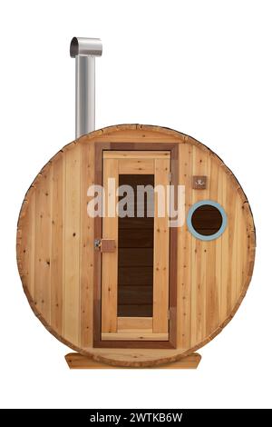 Small barrel shaped round wooden sauna with chimney isolated on a white background Stock Photo