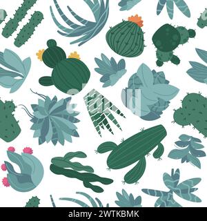 Cartoon succulent pattern. Seamless print with cute cactus flowers, floral exotic desert plants in pots, mexican botanical texture. Vector illustration Stock Vector