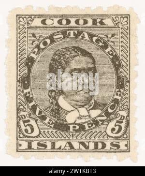 Issued five penny Cook Islands 'Queen Makea Takau' stamp in olive black postage stamps Stock Photo