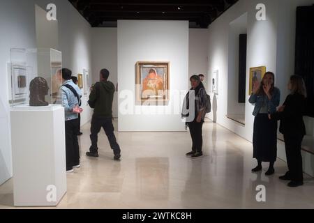 Malaga, Spain. 18th Mar, 2024. A general view show paintings by Pablo Picasso displayed during the inauguration of the 'Pablo Picasso: structure of Invention. The unity of a work” exhibition at the Malaga Picasso Museum. The new collection, which will be held in the museum until 2027, shows around 150 works by Spanish artist Pablo Picasso (1881-1973) and 10 of them will be exhibited in the country for the first time. Credit: SOPA Images Limited/Alamy Live News Stock Photo