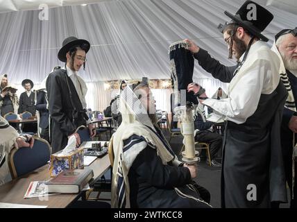 After a Torah reading the scroll is lifted, shown to the congregation and then covered with its mantel as seen here. In Rockland County, New York. Stock Photo