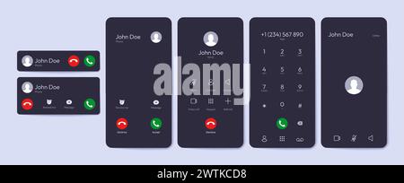 Incoming call UI elements. Smartphone overlay with accept decline call buttons, mobile phone screen with text message and call icons. Vector flat set Stock Vector