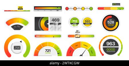 Gauges measuring scale. Progress bar and tachometer dials, energy level and speedometer, quality rating and score infographic. Vector set Stock Vector